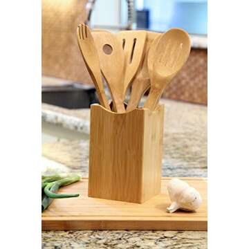 Heselian Bamboo Wooden Spoons Cooking Kitchen Spatula Utensil Set, 6 Pieces + Holder, 100% Organic bamboo