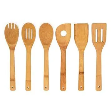 Heselian Bamboo Wooden Spoons Cooking Kitchen Spatula Utensil Set, 6 Pieces + Holder, 100% Organic bamboo