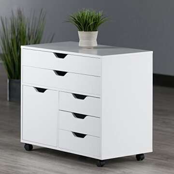Winsome Halifax Storage Mobile Cabinets, 1 Door, 3 Drawers, 2 Wide Drawers, for Home Office, White