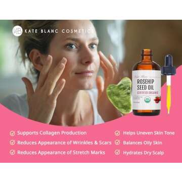 Kate Blanc Cosmetics Rosehip Oil for Face with Jade Gua Sha Stone (1oz, Organic, Pure, Cold Pressed)...
