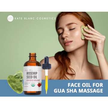 Kate Blanc Cosmetics Rosehip Oil for Face with Jade Gua Sha Stone (1oz, Organic, Pure, Cold Pressed) Rosehip Seed Face Oil for Gua Sha Massage
