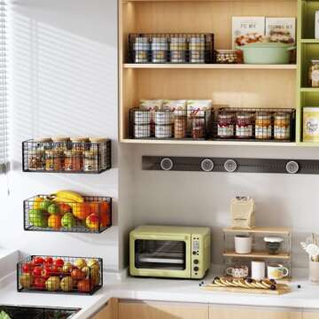 X-cosrack Foldable Cabinet Wall Mount Metal Wire Basket Organizer Pantry Basket with Handles - 3 Pack -16" x 9 1/2" X 6", Food Storage Mesh Bin for Kitchen Bathroom Laundry Closet Garage Patent Design