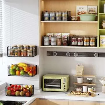 X-cosrack Foldable Cabinet Wall Mount Metal Wire Basket Organizer Pantry Basket with Handles - 3 Pack -16" x 9 1/2" X 6", Food Storage Mesh Bin for Kitchen Bathroom Laundry Closet Garage Patent Design