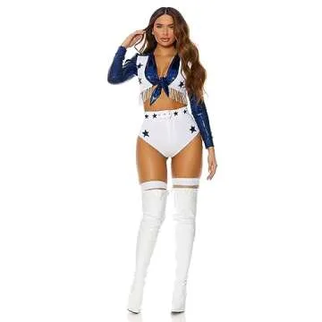 Forplay Women's Star Cheerleader Costume 4-Piece Halloween Outfit with Top, Vest, Panty and Belt, White, XS/S