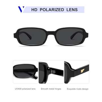 VANLINKER Retro Rectangle Polarized Sunglasses for Women Men Small 90s Style Vintage Trendy Narrow Rectangular Frame VL9813, Black Grey