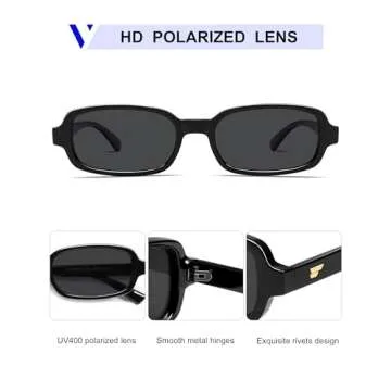 VANLINKER Retro Rectangle Polarized Sunglasses for Women Men Small 90s Style Vintage Trendy Narrow Rectangular Frame VL9813, Black Grey