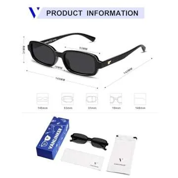 VANLINKER Retro Rectangle Polarized Sunglasses for Women Men Small 90s Style Vintage Trendy Narrow Rectangular Frame VL9813, Black Grey