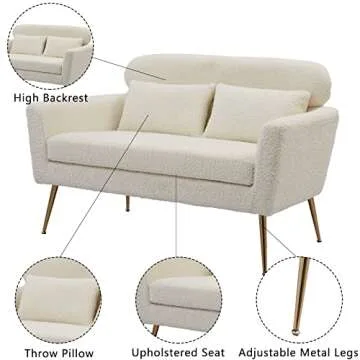 Betoko 51‘’ Loveseat Sofa Small Couch Two Seat Mid Century Modern Sofa with 2 Throw Pillows and Gold Metal Legs for Small Space Office Studio Apartments Bedroom,Ivory