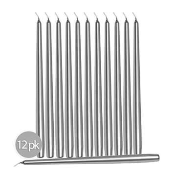 Hyoola 12 Pack Tall Metallic Taper Candles - 12 Inch Silver Metallic, Dripless, Unscented Dinner Candle - Paraffin Wax with Cotton Wicks