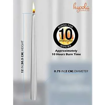 Hyoola 12 Pack Tall Metallic Taper Candles - 12 Inch Silver Metallic, Dripless, Unscented Dinner Candle - Paraffin Wax with Cotton Wicks