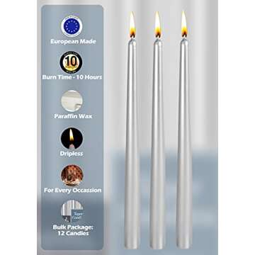 Hyoola 12 Pack Tall Metallic Taper Candles - 12 Inch Silver Metallic, Dripless, Unscented Dinner Candle - Paraffin Wax with Cotton Wicks