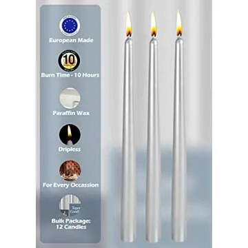 Hyoola 12 Pack Tall Metallic Taper Candles - 12 Inch Silver Metallic, Dripless, Unscented Dinner Candle - Paraffin Wax with Cotton Wicks