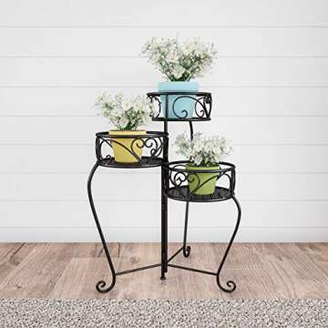 Pure Garden 50-LG1148 Plant Stand ? 3-Tier Indoor or Outdoor Folding Wrought Iron Inspired Metal Home and Garden Display with Laser Cut Shelves (Black)