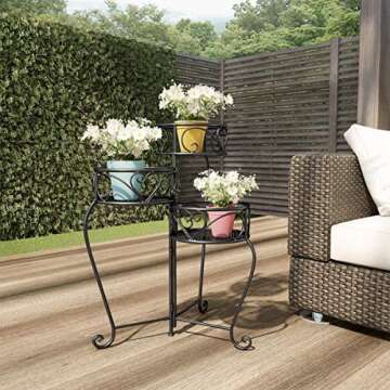 Pure Garden 50-LG1148 Plant Stand ? 3-Tier Indoor or Outdoor Folding Wrought Iron Inspired Metal Home and Garden Display with Laser Cut Shelves (Black)
