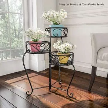Pure Garden 50-LG1148 Plant Stand ? 3-Tier Indoor or Outdoor Folding Wrought Iron Inspired Metal Home and Garden Display with Laser Cut Shelves (Black)