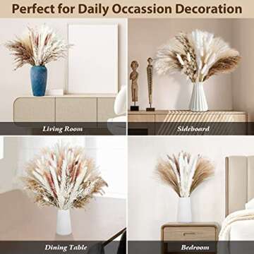 Dried Pampas Grass Flowers Bouquet,Home Decoration Boho Table 100Pcs Dry Floral Arrangements for Vase,Autumn Decor Fluffy Natural White Brown Dried Reed Bunny Tail Pampas for Kitchen Wedding Party