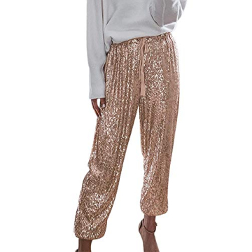 Womens Casual Bling Sequin Drawstring Ruffle High Waist Beam Foot Capri Pants Rose Gold XL
