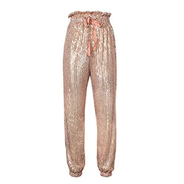 Womens Casual Bling Sequin Drawstring Ruffle High Waist Beam Foot Capri Pants Rose Gold XL