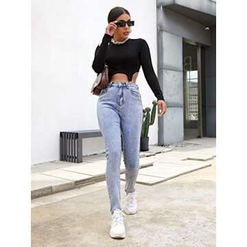 Floerns Women's Casual Solid Asymmetrical Hem Slim Fit Long Sleeve Crop Top Tee Shirt Black S