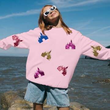 UNIQUEONE Bow Sweatshirt Womens Magic Kingdom Tee Shirt Colorful Pastel Bows Graphic Sweatshirts Oversized Holiday Pullover Pink