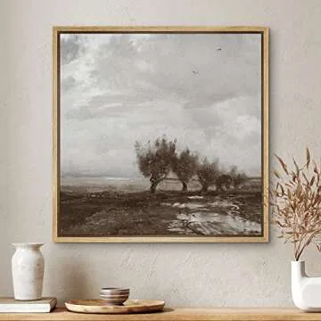 SIGNWIN Framed Canvas Print Wall Art Stormy Autumn Winter Pastoral Tree Landscape Nature Wilderness Illustrations Fine Art Farmhouse/Country Minimal for Living Room, Bedroom, Office - 24"x24" Natural