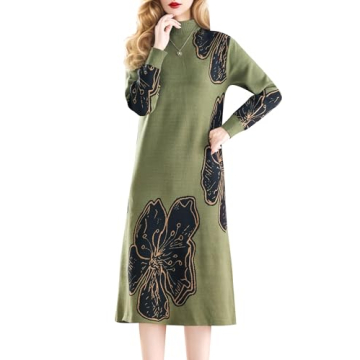 LAI MENG FIVE CATS Women's Fall Casual Long Sleeve Knitted Stretch Pullover Sweater Elegant Midi Dre...