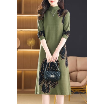 LAI MENG FIVE CATS Women's Fall Casual Long Sleeve Knitted Stretch Pullover Sweater Elegant Midi Dress Dark Green