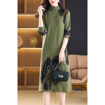 LAI MENG FIVE CATS Women's Fall Casual Long Sleeve Knitted Stretch Pullover Sweater Elegant Midi Dress Dark Green