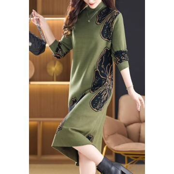 LAI MENG FIVE CATS Women's Fall Casual Long Sleeve Knitted Stretch Pullover Sweater Elegant Midi Dress Dark Green
