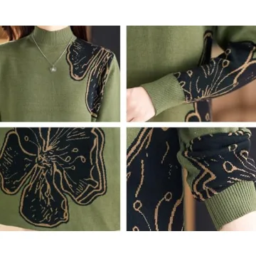 LAI MENG FIVE CATS Women's Fall Casual Long Sleeve Knitted Stretch Pullover Sweater Elegant Midi Dress Dark Green