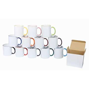 HomeVss Ceramic 11oz Sublimation Coffee Mug 12 Mixed Colors Rim and Handle, Packed in White Box, Case of 12