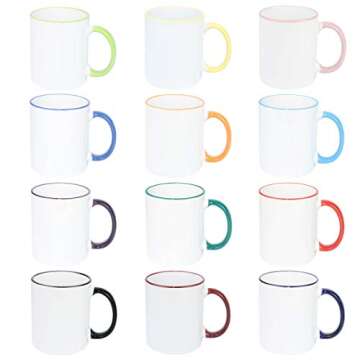 HomeVss Ceramic 11oz Sublimation Coffee Mug 12 Mixed Colors Rim and Handle, Packed in White Box, Case of 12