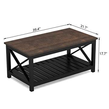 ChooChoo Coffee Table, Rustic Vintage Farmhouse Living Room Table with Shelf, 40