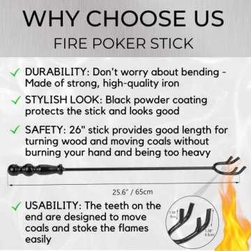 Juwell Fire Pit Poker and Protective Silicone Glove, 2 Pc. Set, Long 26” Iron Rod for Outdoor Camping, Grilling, Fireplace, or Backyard Barbecuing, Heavy-Duty Rust Resistant Finish, Black