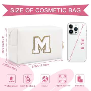 Small Personalized Initial Preppy Patch Makeup Bag,White Chenille Letter Travel Cosmetic Pouch with ...