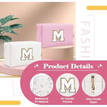 Small Personalized Initial Preppy Patch Makeup Bag,White Chenille Letter Travel Cosmetic Pouch with Zipper,Cute Toiletry Bag,Valentines Day Gift Ideal for Teen Girls Women Teacher Bridesmaid,Letter M
