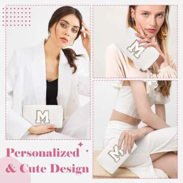 Small Personalized Initial Preppy Patch Makeup Bag,White Chenille Letter Travel Cosmetic Pouch with Zipper,Cute Toiletry Bag,Valentines Day Gift Ideal for Teen Girls Women Teacher Bridesmaid,Letter M