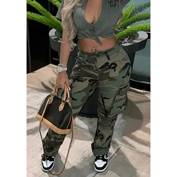 Womens High Waisted Camo Cargo Pants with Pockets
