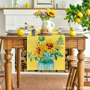 Artoid Mode Yellow Hello Sunshine Sunflower Summer Table Runner, Spring Seasonal Anniversary Holiday...