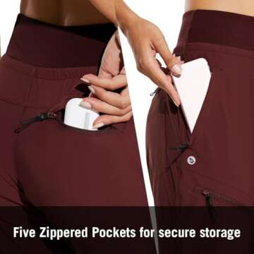 BALEAF Women's Joggers Lightweight Hiking Pants High Waist 5 Zipper Pockets Quick Dry Travel Athletic UPF50+ Red S