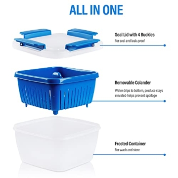 Genteen Berry Containers for Fridge, Fruit Containers for Fridge BPA Free Colander with Lid and Removable Drain Basket Muti-use Berry Keeper Container (1.5L+1.5L-Blue+Pink)