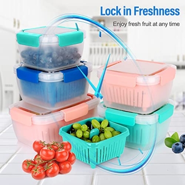 Genteen Berry Containers for Fridge, Fruit Containers for Fridge BPA Free Colander with Lid and Removable Drain Basket Muti-use Berry Keeper Container (1.5L+1.5L-Blue+Pink)