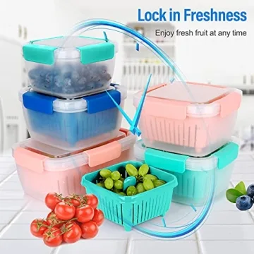 Genteen Berry Containers for Fridge, Fruit Containers for Fridge BPA Free Colander with Lid and Removable Drain Basket Muti-use Berry Keeper Container (1.5L+1.5L-Blue+Pink)