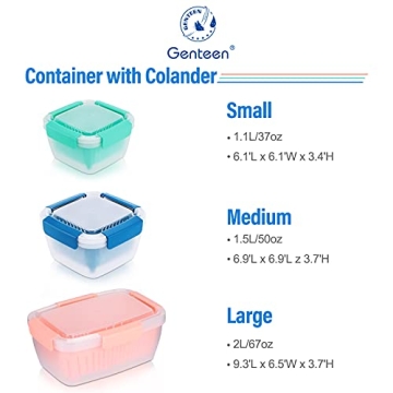 Genteen Berry Containers for Fridge, Fruit Containers for Fridge BPA Free Colander with Lid and Removable Drain Basket Muti-use Berry Keeper Container (1.5L+1.5L-Blue+Pink)