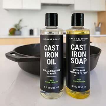 CARON & DOUCET - 100% Plant-Based Cast Iron Cleaning Set: Seasoning Oil & Soap for Washing, Restoring & Seasoning Skillets, Pans & Grills!