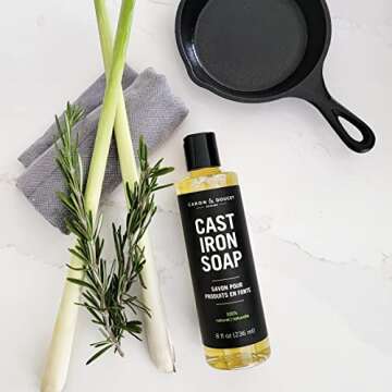 CARON & DOUCET - 100% Plant-Based Cast Iron Cleaning Set: Seasoning Oil & Soap for Washing, Restoring & Seasoning Skillets, Pans & Grills!
