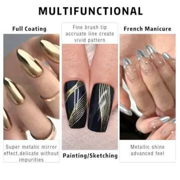 NewBang 2x12ml Metallic Painting Nail Gel Liner Polish, 3D Metal Mirror Effect Painted Drawing Nail Gel with Build in Thin Brush Glossy Chrome Gel Soak Off UV/LED Nail Art Manicure Set #Silver&Gold