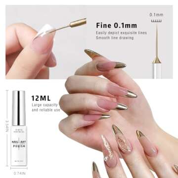 NewBang 2x12ml Metallic Painting Nail Gel Liner Polish, 3D Metal Mirror Effect Painted Drawing Nail Gel with Build in Thin Brush Glossy Chrome Gel Soak Off UV/LED Nail Art Manicure Set #Silver&Gold