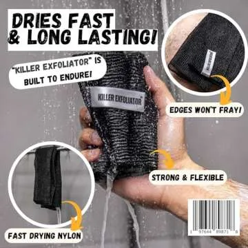Extra Rough Exfoliating Washcloth-Extreme Body & Back Scrubber for Shower, Extra Long, Hygienic Rough Exfoliator, Men & Women, 2 Count Pack, Black & Grey, Killer Exfoliator