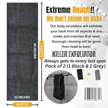 Extra Rough Exfoliating Washcloth-Extreme Body & Back Scrubber for Shower, Extra Long, Hygienic Rough Exfoliator, Men & Women, 2 Count Pack, Black & Grey, Killer Exfoliator